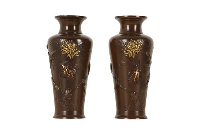 Lot 495 - A PAIR OF JAPANESE INLAID BRONZE VASES.
