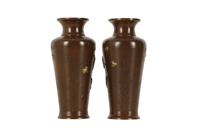 Lot 495 - A PAIR OF JAPANESE INLAID BRONZE VASES.