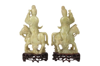 Lot 638 - A PAIR OF CHINESE GREEN SOAPSTONE FIGURES OF MUSICIANS, 20TH CENTURY