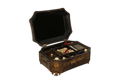 Lot 1071 - λ A CHINESE EXPORT BLACK AND GILT LACQUER SEWING BOX AND COVER