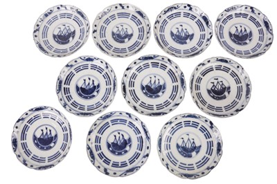 Lot 673 - A SET OF TEN JAPANESE BLUE AND WHITE PORCELAIN SAUCER PLATES