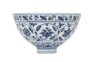 Lot 612 - A CHINESE BLUE AND WHITE 'LOTUS SCROLL' BOWL.