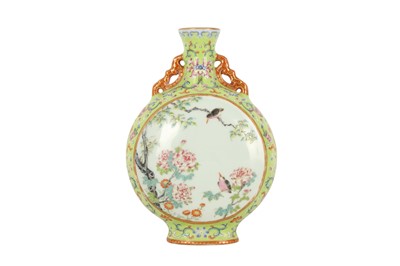 Lot 350 - A CHINESE LIME GREEN-GROUND FAMILLE ROSE MOON FLASK.