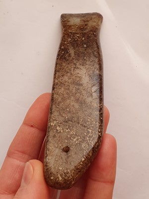 Lot 783 - A CHINESE PALE CELADON JADE 'FISH' CARVING.