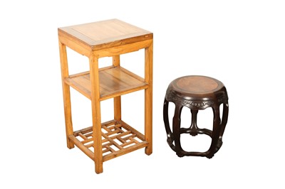 Lot 657 - A CHINESE WOOD BARREL STOOL TOGETHER WITH A RECTANGULAR STAND.