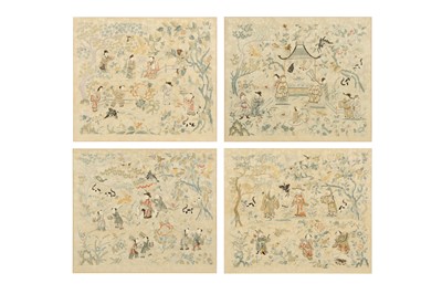Lot 387 - A SET OF FOUR CHINESE EMBROIDERED SILK 'IMMORTALS' PANELS.