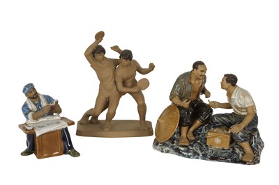 Lot 888 - THREE CHINESE COMMUNIST-ERA  GLAZED FIGURATIVE GROUPS.