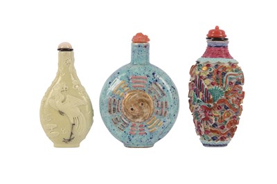 Lot 412 - THREE CHINESE BISCUIT SNUFF BOTTLES.