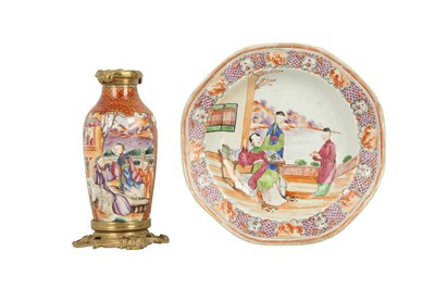Lot 596 - A CHINESE CANTON FAMILLE ROSE VASE AND AN OCTAGONAL DISH.