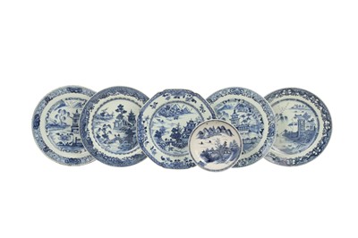 Lot 832 - SIX CHINESE BLUE AND WHITE 'LANDSCAPE' DISHES.