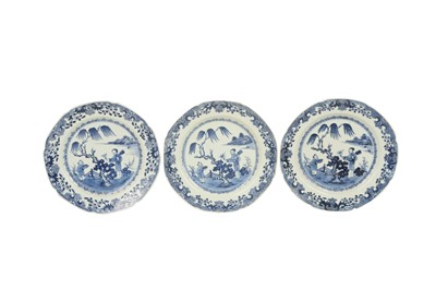 Lot 831 - THREE CHINESE BLUE AND WHITE 'LADY AND BOY' DISHES.