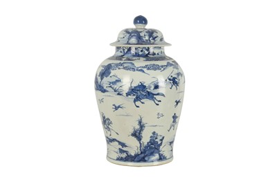 Lot 132 - A MASSIVE CHINESE BLUE AND WHITE 'HUNTERS' JAR AND COVER.