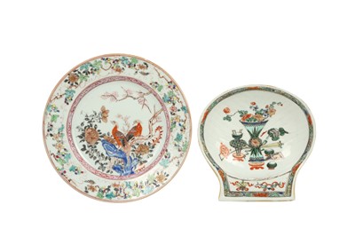 Lot 836 - A CHINESE FAMILLE ROSE 'PHEASANTS' DISH AND A FAMILLE VERTE SALT.
