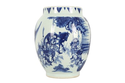 Lot 339 - A FINE CHINESE BLUE AND WHITE 'LIU BEI JUMPING THE TAN STREAM' OVOID JAR.