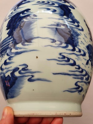 Lot 339 - A FINE CHINESE BLUE AND WHITE 'LIU BEI JUMPING THE TAN STREAM' OVOID JAR.