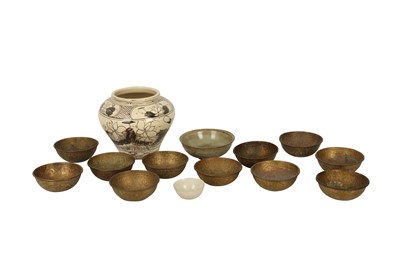 Lot 760 - THREE CHINESE CERAMICS AND ELEVEN METAL BOWLS.