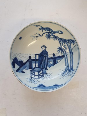 Lot 498 - A CHINESE BLUE AND WHITE 'LADY' SAUCER DISH.