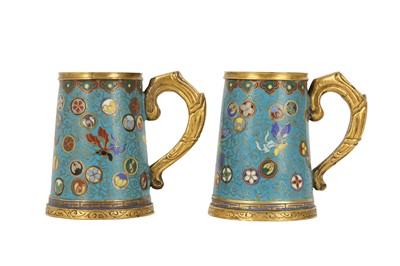 Lot 225 - A PAIR OF CHINESE CLOISONNÉ ENAMEL TANKARDS.
