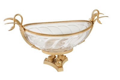 Lot 216 - A LARGE OVAL GILT METAL AND GLASS TAZZA, IN THE EMPIRE TASTE, LATE 20TH CENTURY