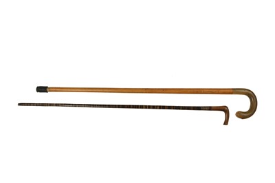 Lot 1116 - λ A RHINOCEROS HORN SECTIONAL WALKING STICK AND A WALKING STICK WITH A RHINOCEROS HORN HANDLE.