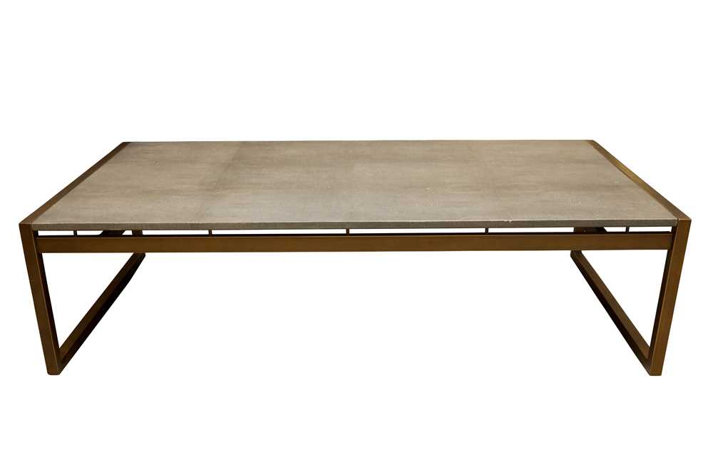 Lot 489 - A BRASS AND FAUX SHAGREEN RECTANGULAR COFFEE TABLE, 20TH CENTURY