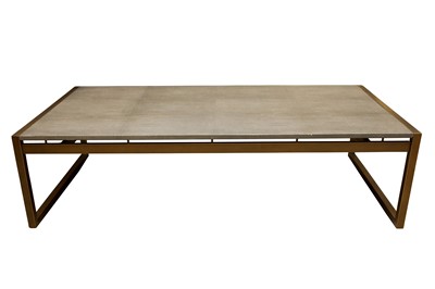 Lot 489 - A BRASS AND FAUX SHAGREEN RECTANGULAR COFFEE TABLE, 20TH CENTURY