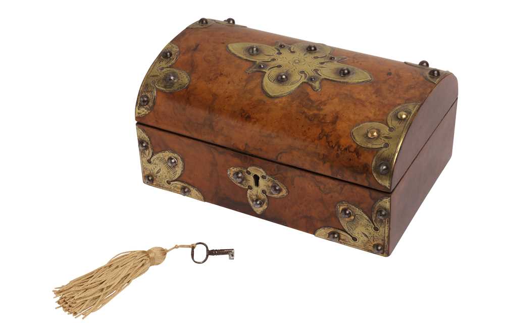Lot 93 - A VICTORIAN BRASS BOUND AND WALNUT DOMED CASKET, 19TH CENTURY