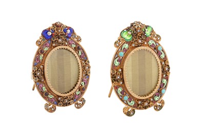 Lot 114 - A pair of late 19th century Austrian unmarked silver gilt gem set and enamel photograph frames, Vienna circa 1880