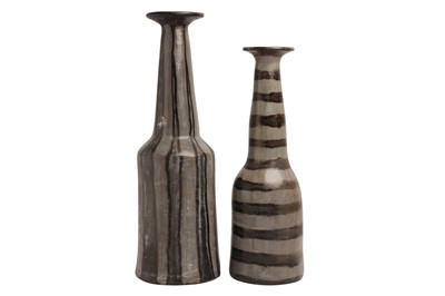 Lot 542 - TWO BLACK AND GREY GLAZED TERRACOTTA BOTTLE VASES, CONTEMPORARY