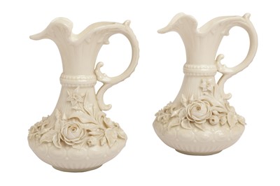 Lot 379 - A PAIR OF BELLEEK PORCELAIN JUGS, LATE 19TH TO EARLY 20TH CENTURY