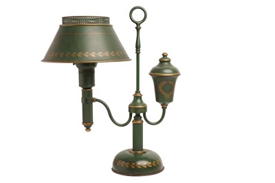 Lot 501 - A REGENCY STYLE GREEN TOLEWARE DESK LAMP, MID 20TH CENTURY
