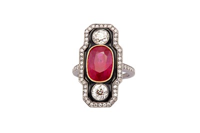 Lot 57 - A ruby, black enamel and diamond dress ring