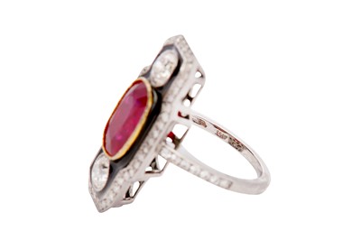 Lot 57 - A ruby, black enamel and diamond dress ring