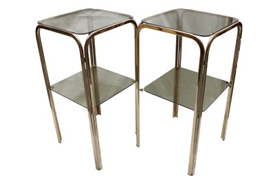 Lot 469 - A PAIR OF POLISHED BRASS TWO TIER OCCASIONAL TABLES, CONTEMPORARY