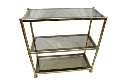 Lot 467 - A RECTANGULAR POLISHED BRASS THREE TIER WHATNOT, CONTEMPORARY