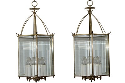 Lot 539 - A PAIR OF LARGE BRASS HALL LANTERNS, CONTEMPORARY