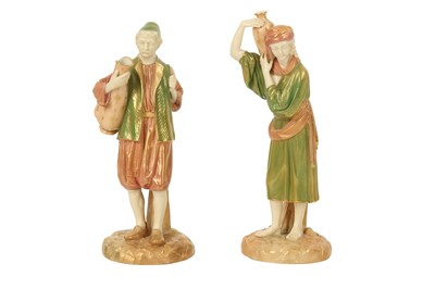 Lot 676 - A PAIR OF POLYCHROME-PAINTED AND GILT ROYAL WORCESTER PORCELAIN FIGURES: THE WATER CARRIERS