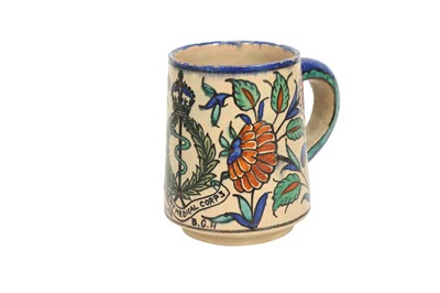 Lot 717 - A PALESTINIAN IZNIK-STYLE POTTERY MUG WITH THE BRITISH ROYAL ARMY MEDICAL CORPS EMBLEM