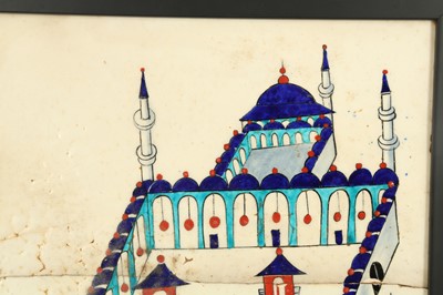 Lot 612 - AN OTTOMAN POTTERY TILE WITH AN AERIAL VIEW OF KAABA AND THE MASJID AL-HARAM COMPLEX IN MECCA
