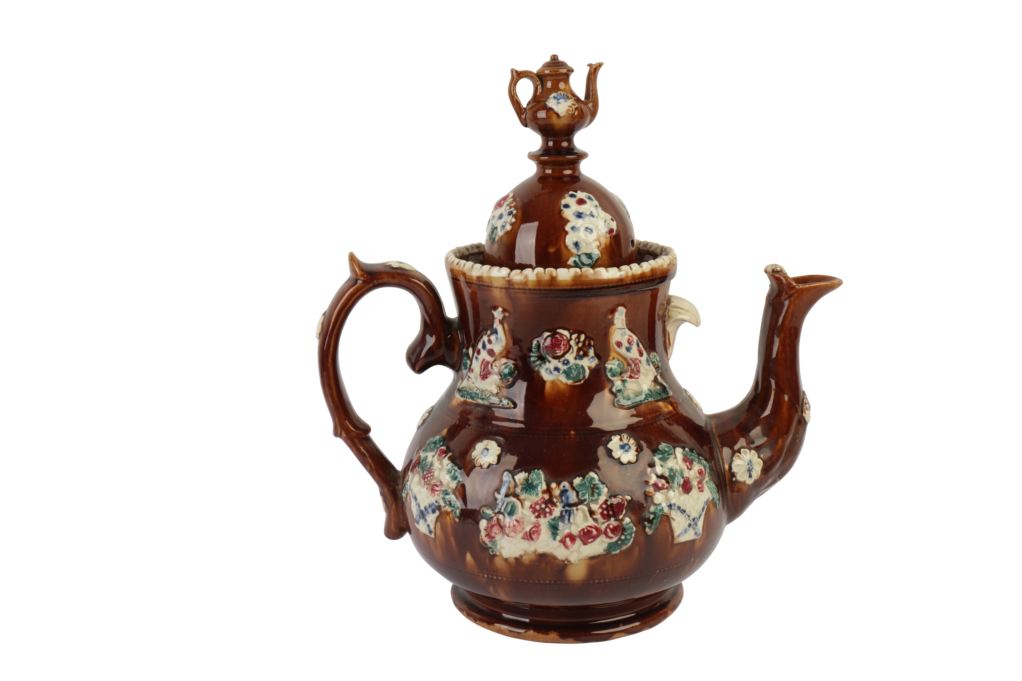 Lot 382 A VICTORIAN TREACLE GLAZED BARGEWARE TEAPOT