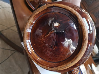 Lot 382 - A VICTORIAN TREACLE GLAZED BARGEWARE TEAPOT