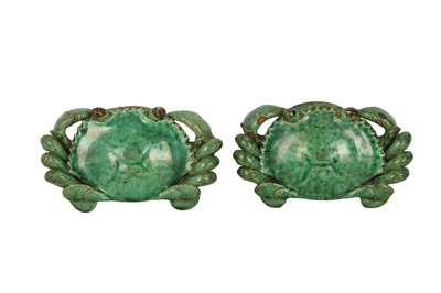 Lot 757 - A PAIR OF CHINESE GREEN-GLAZED 'CRABS' WALL VASES.