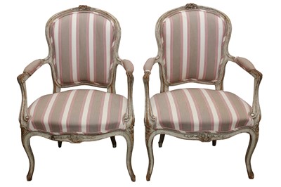 Lot 121 - A PAIR OF LOUIS XVI STYLE PAINTED AND DISTRESSED BEECH FAUTEUIL ARMCHAIRS, 19TH CENTURY