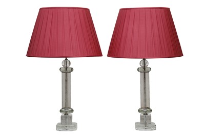 Lot 504 - A PAIR OF GLASS COLUMN TABLE LAMPS, EARLY TO MID 20TH CENTURY
