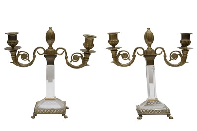 Lot 357 - A PAIR OF FRENCH EMPIRE STYLE BRASS TWO BRANCH CANDELABRA, 20TH CENTURY