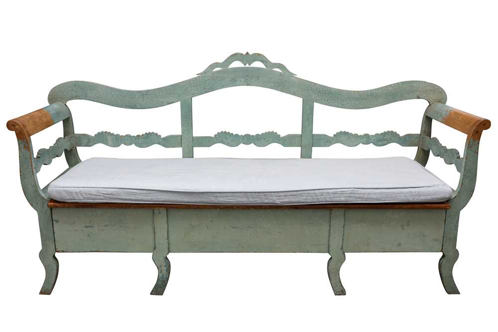 Lot 157 - A SWEDISH TURQUOISE PAINTED AND DISTRESSED PINE BENCH, 20TH CENTURY