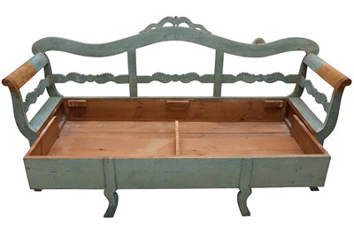 Lot 157 - A SWEDISH TURQUOISE PAINTED AND DISTRESSED PINE BENCH, 20TH CENTURY