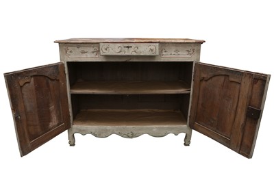 Lot 154 - A FRENCH PROVINCIAL PAINTED AND DISTRESSED CHESTNUT BUFFET OR SIDE CABINET, EARLY 19TH CENTURY
