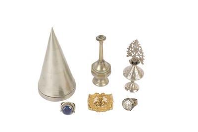 Lot 604 - A MISCELLANEOUS GROUP OF INDIAN WHITE METAL VESSELS AND TWO MEN'S RINGS