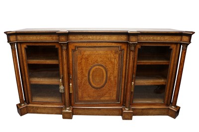 Lot 202 - A VICTORIAN BURR WALNUT AND CROSSBANDED INLAID BREAKFRONT CREDENZA